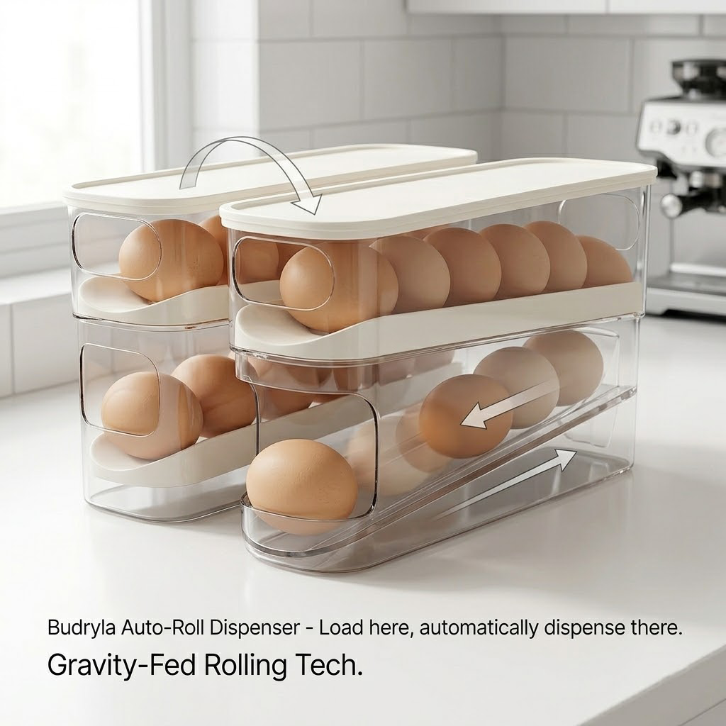 Budryla Auto-Rolling Egg Dispenser for Refrigerator - 2-Tier Gravity-Fed Egg Storage Organizer - Space-Saving Slim Design for Kitchen Countertop & Fridge