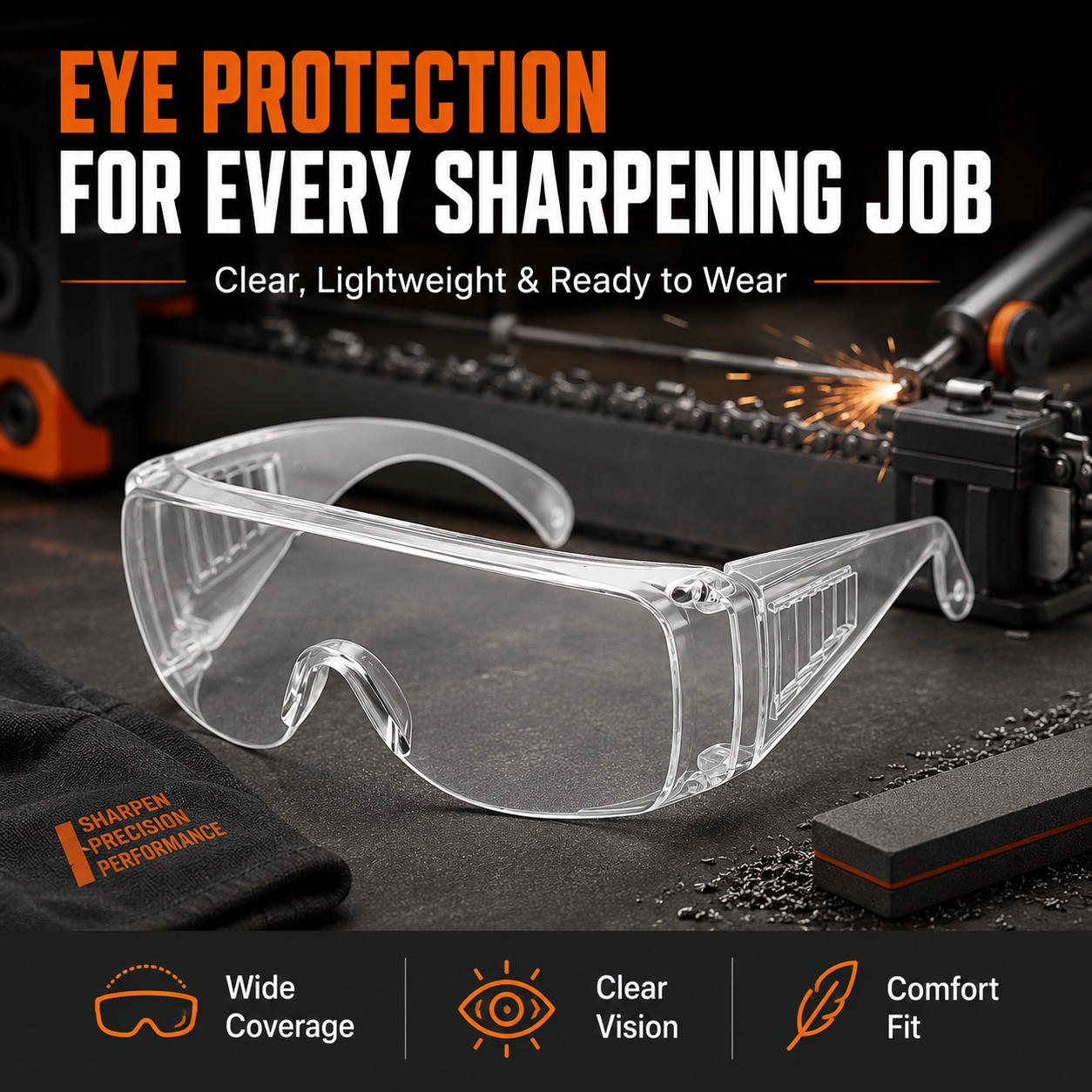 Powerstep™ Clear Safety Glasses – Lightweight Eye Protection for Chainsaw Sharpening & DIY Work
