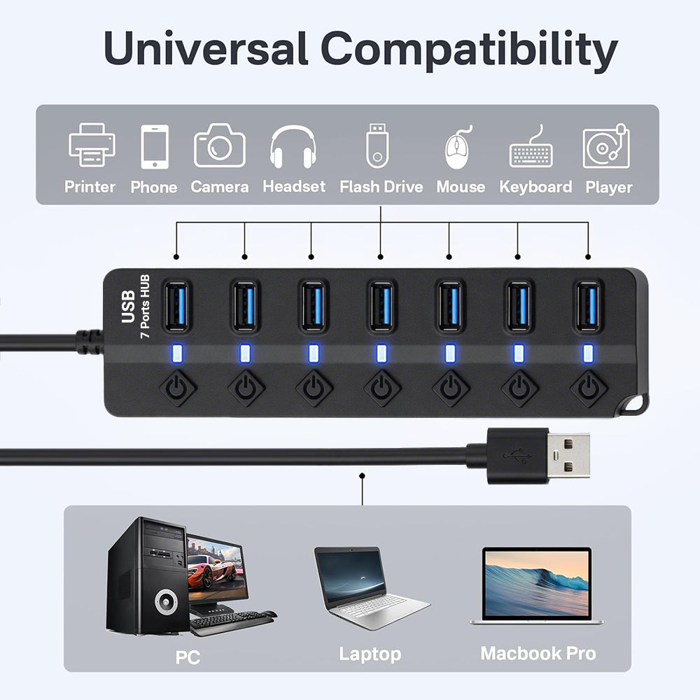 powerstep® 7 Ports USB 3.2 Hub with Individual On/Off Switches Splitter