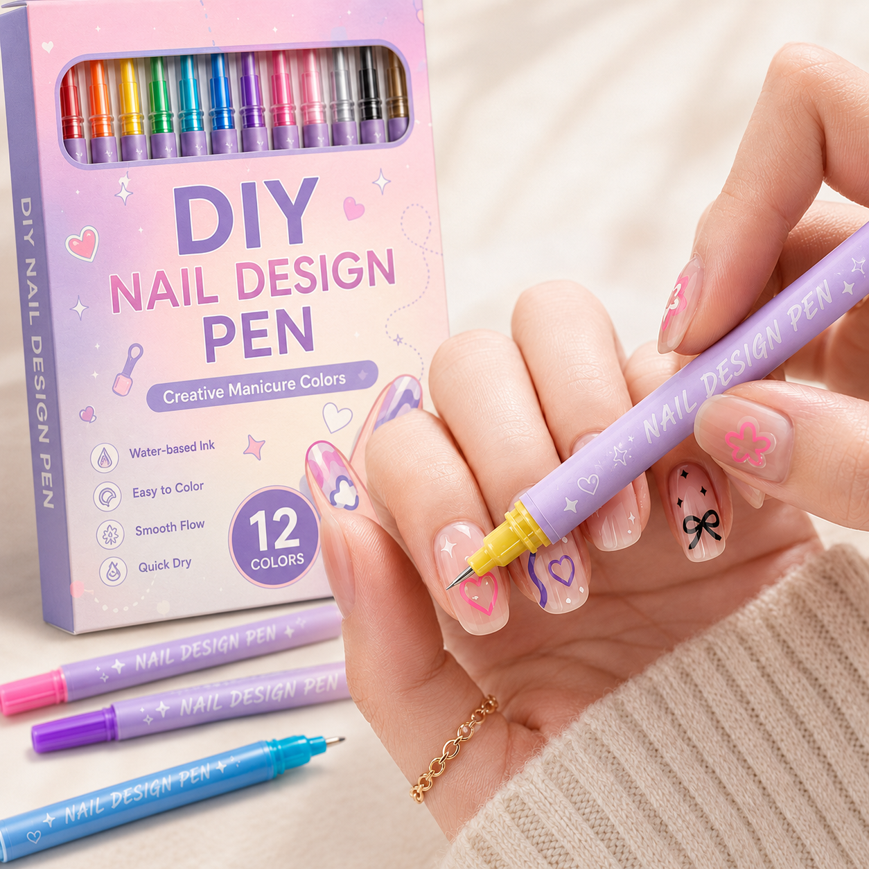 12-Color Nail Art Pen Set - Quick-Dry DIY Nail Design Pens
