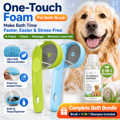 ✨ One-Press Pet Bath Brush with Built-In Soap Dispenser – Soft Silicone Bristles for Dogs & Cats
