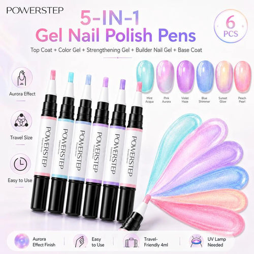 ✨ POWERSTEP 5-in-1 Aurora Gel Nail Polish Pen Set – Base, Color, Builder & Top Coat in One