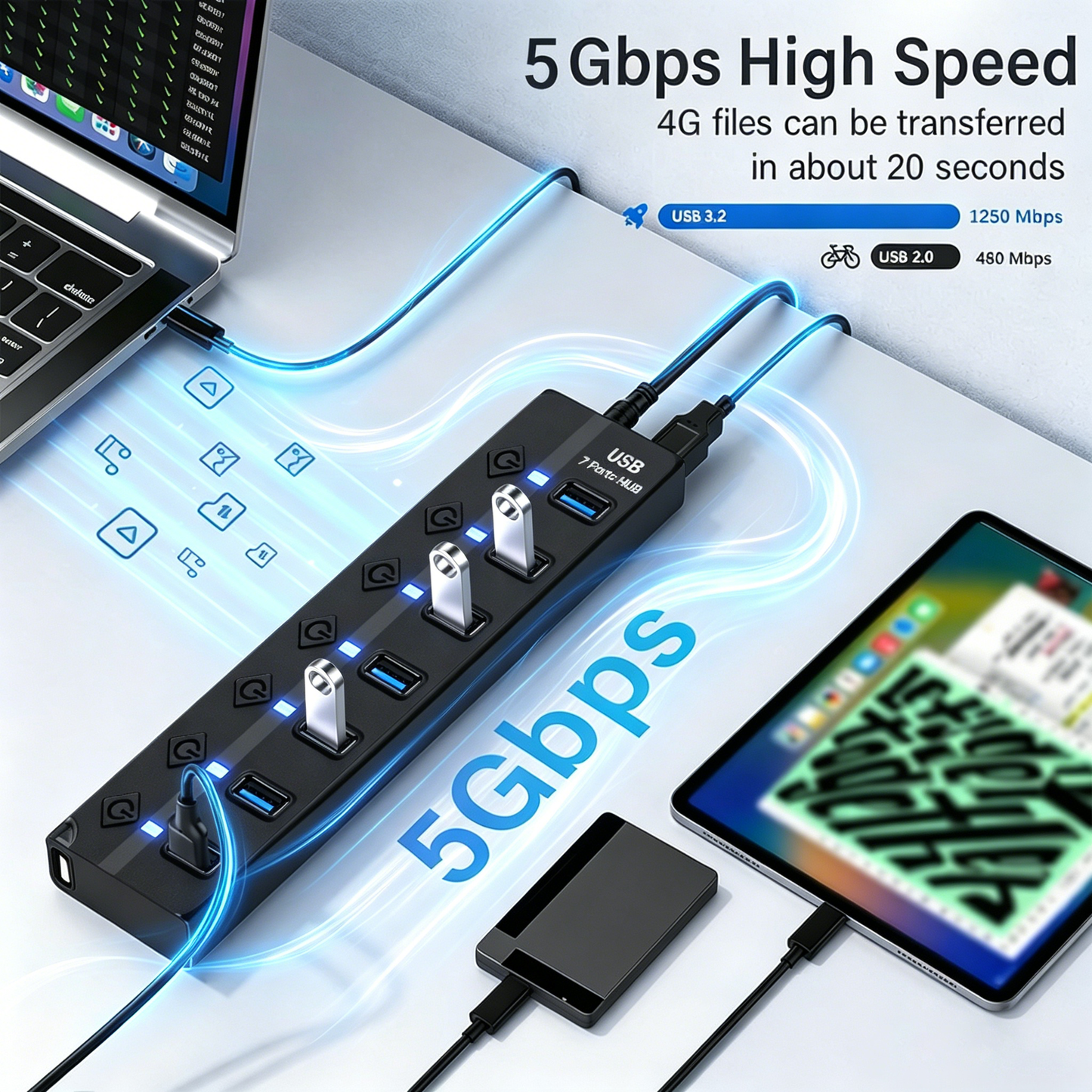 powerstep® 7 Ports USB 3.2 Hub with Individual On/Off Switches Splitter