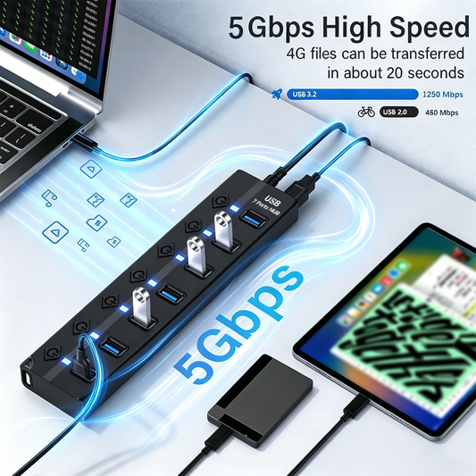 powerstep® 7 Ports USB 3.2 Hub with Individual On/Off Switches Splitter