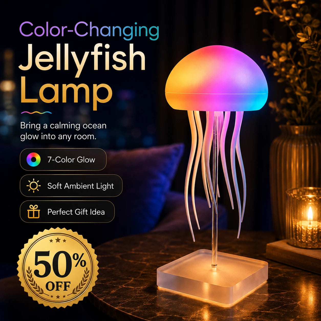 ✨ Color-Changing Jellyfish Lamp – 50% OFF Ocean-Inspired Ambient Light