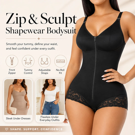 ✨ Zip & Sculpt Tummy Control Shapewear Bodysuit – High Compression Waist Slimming Body Shaper for Women