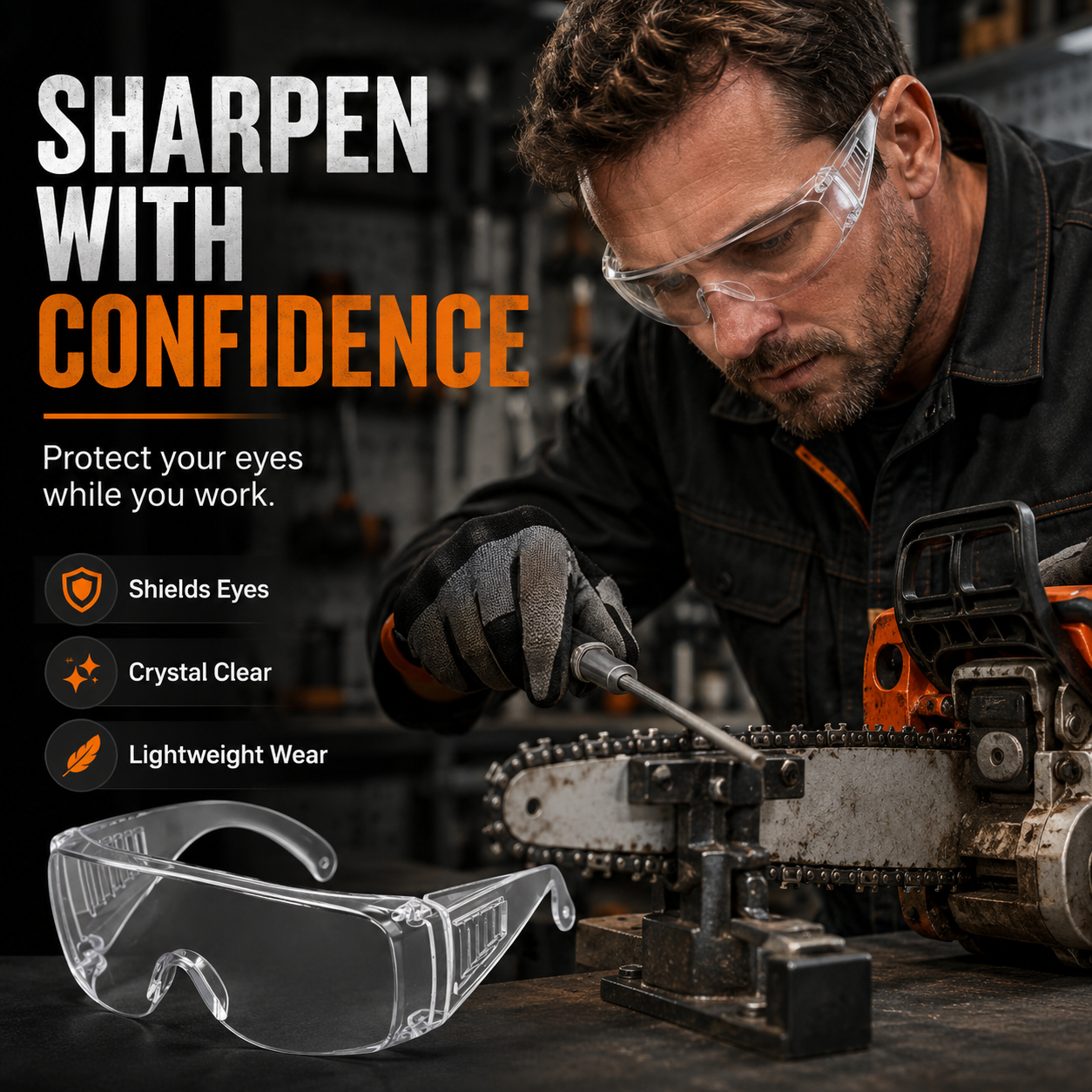 Powerstep™ Clear Safety Glasses – Lightweight Eye Protection for Chainsaw Sharpening & DIY Work