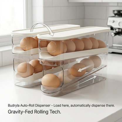 Budryla Auto-Rolling Egg Dispenser for Refrigerator - 2-Tier Gravity-Fed Egg Storage Organizer - Space-Saving Slim Design for Kitchen Countertop & Fridge