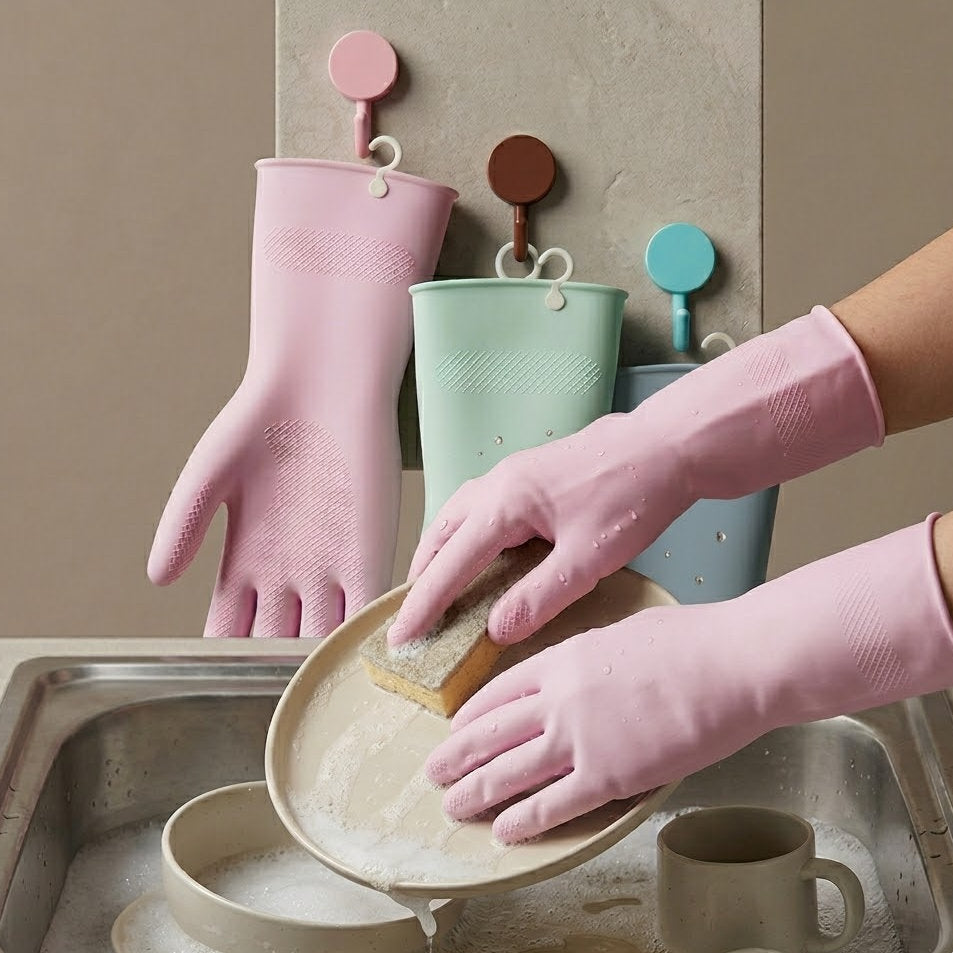 Budryla Reusable Dishwashing Gloves with Hanging Hooks, Waterproof Rubber Household Gloves for Kitchen, Cleaning, and Dishwashing, 1 Pair