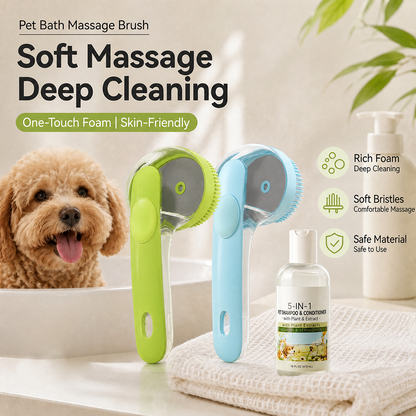 ✨ One-Press Pet Bath Brush with Built-In Soap Dispenser – Soft Silicone Bristles for Dogs & Cats