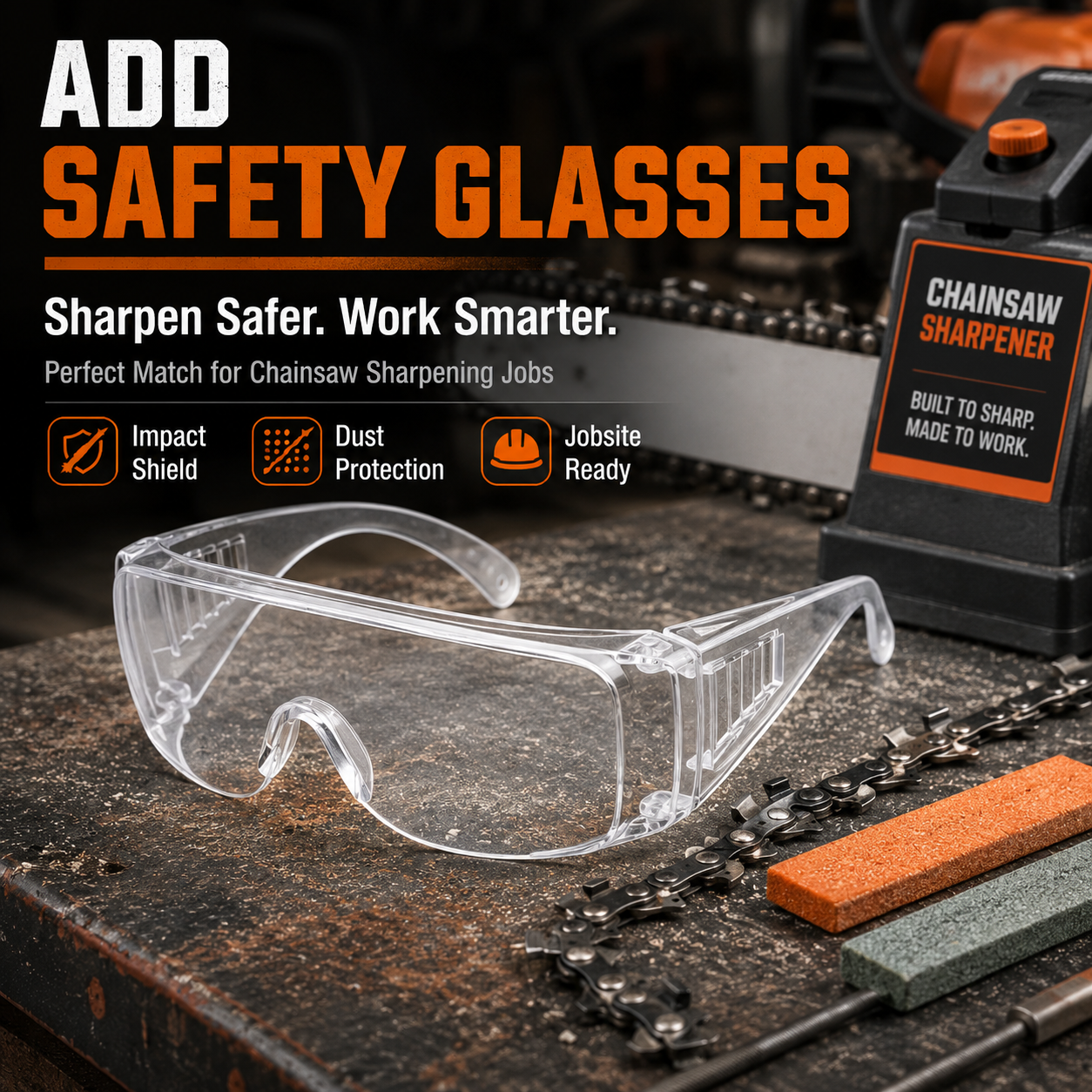 Powerstep™ Clear Safety Glasses – Lightweight Eye Protection for Chainsaw Sharpening & DIY Work