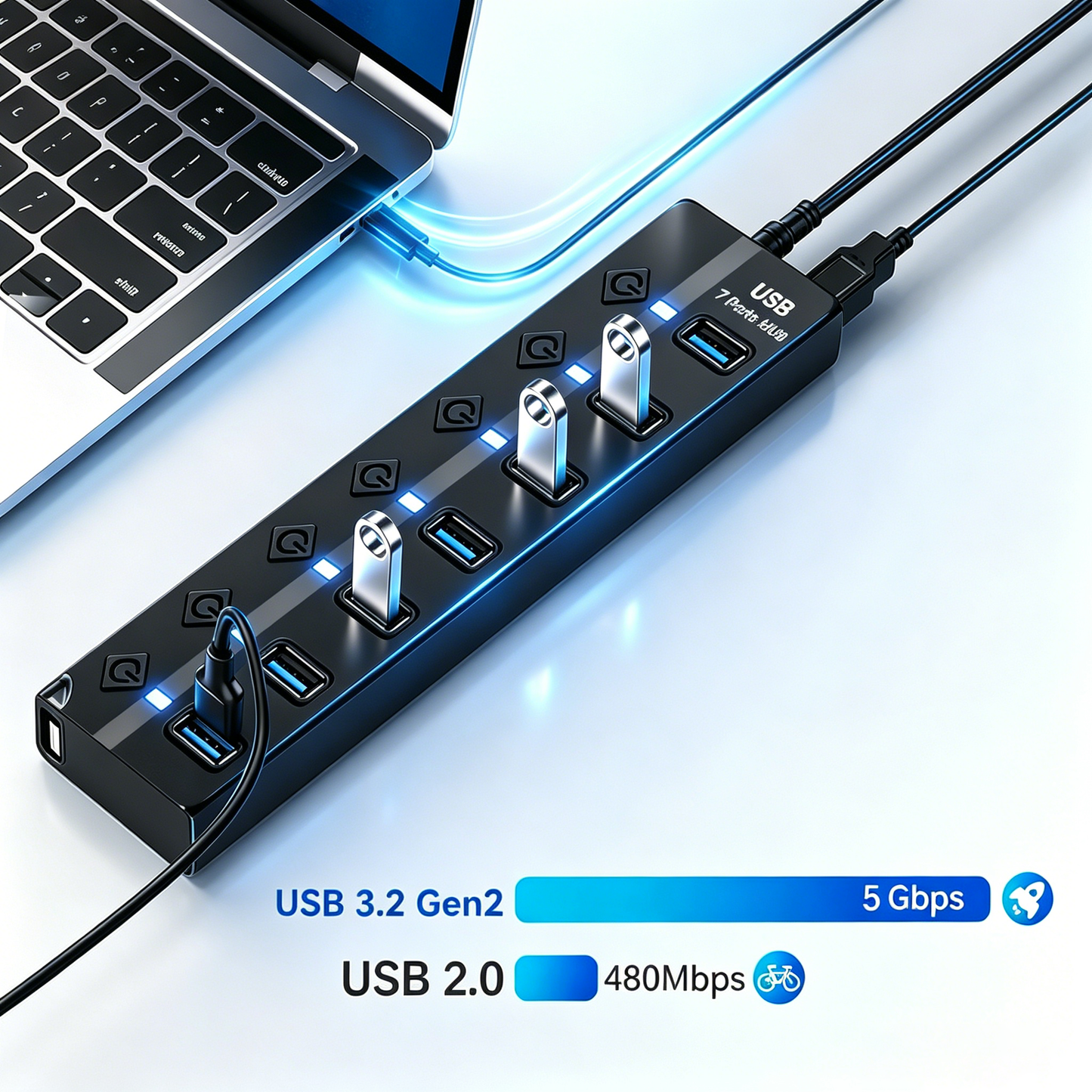 powerstep® 7 Ports USB 3.2 Hub with Individual On/Off Switches Splitter