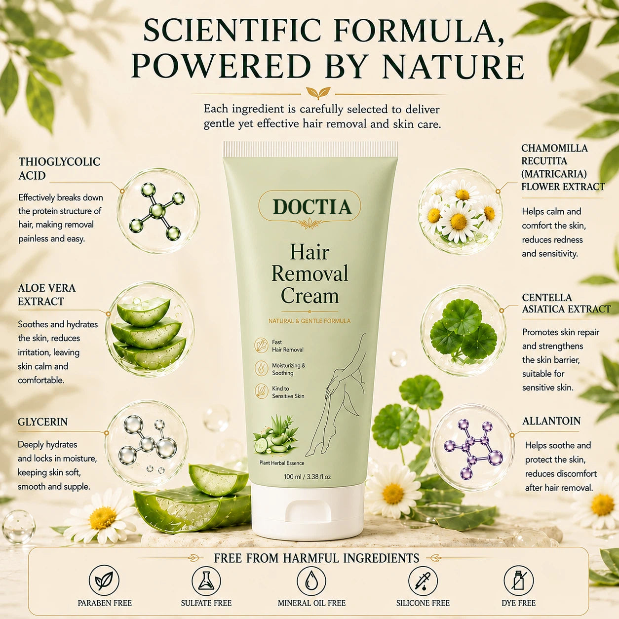 DOCTIA® Natural Gentle Hair Removal Cream | For Women & Men, Sensitive Skin