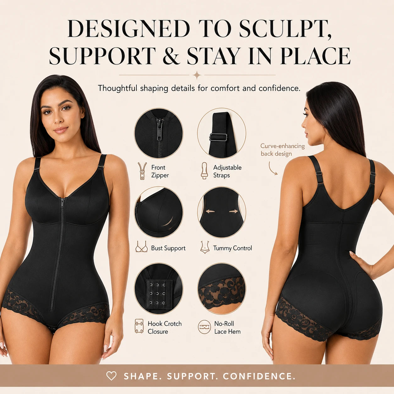✨ Zip & Sculpt Tummy Control Shapewear Bodysuit – High Compression Waist Slimming Body Shaper for Women
