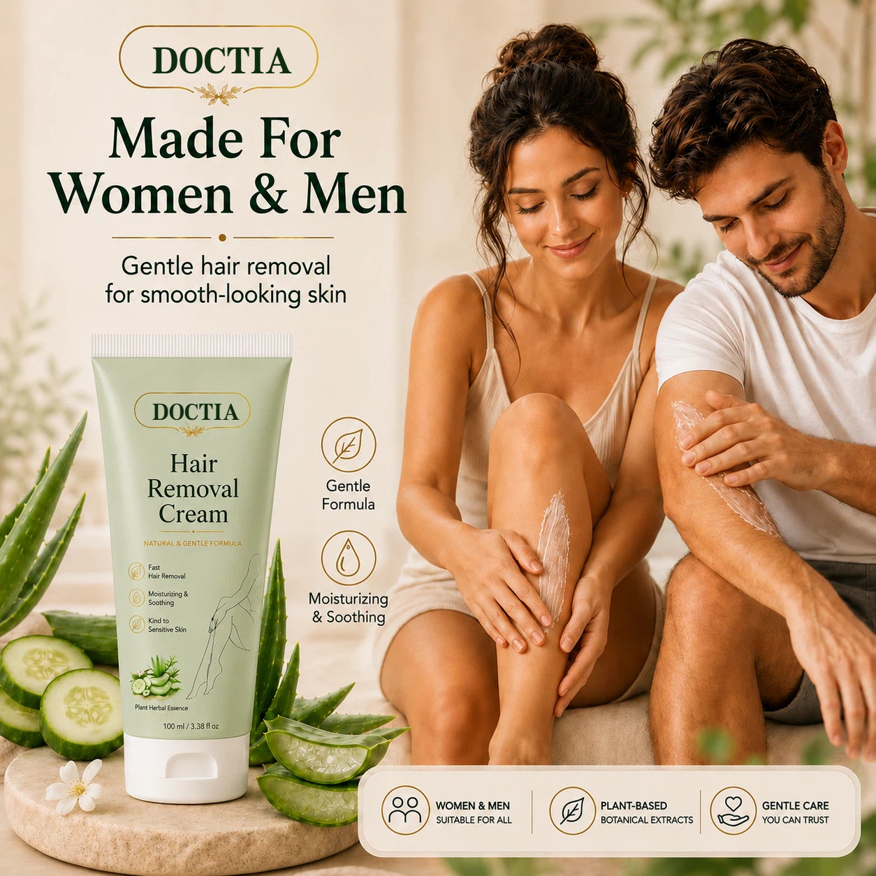 DOCTIA® Natural Gentle Hair Removal Cream | For Women & Men, Sensitive Skin