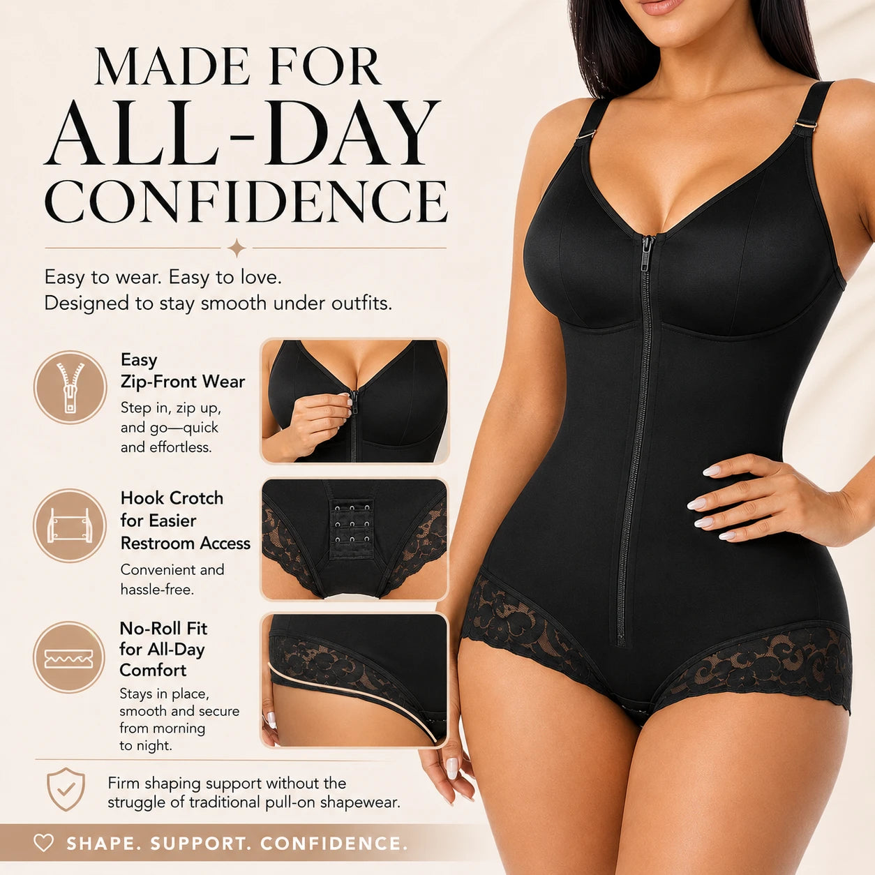 ✨ Zip & Sculpt Tummy Control Shapewear Bodysuit – High Compression Waist Slimming Body Shaper for Women