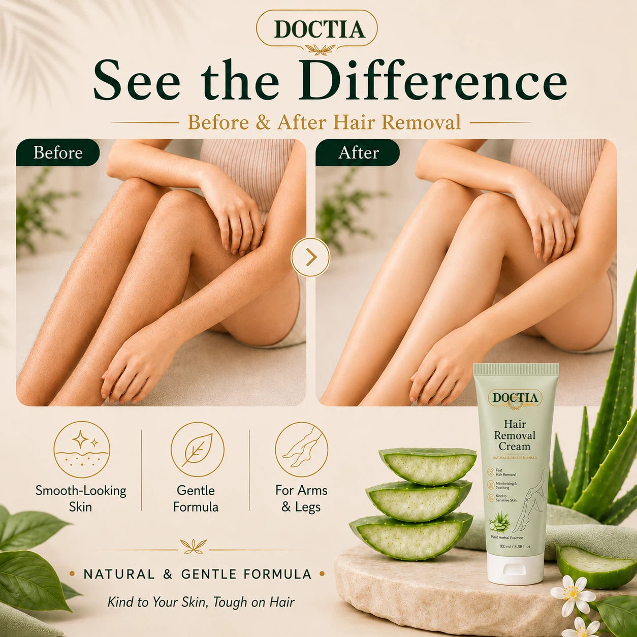 DOCTIA® Natural Gentle Hair Removal Cream | For Women & Men, Sensitive Skin