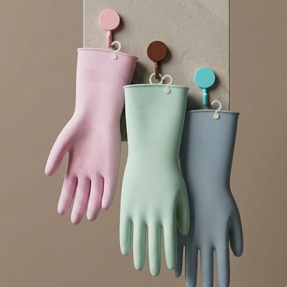 Budryla Reusable Dishwashing Gloves with Hanging Hooks, Waterproof Rubber Household Gloves for Kitchen, Cleaning, and Dishwashing, 1 Pair