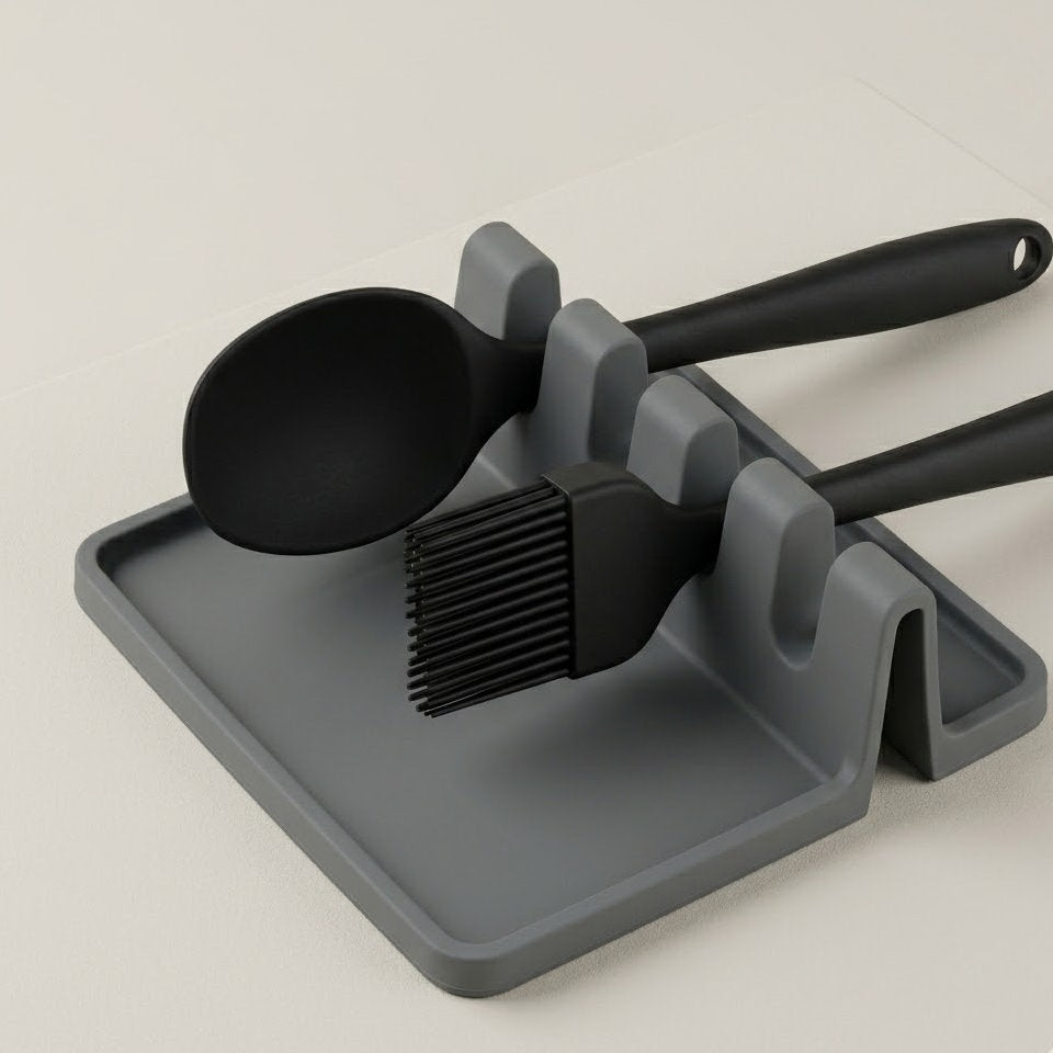 Budryla Modern Silicone Utensil Rest - Minimalist Countertop Organizer for Spoons, Ladles & Brushes, Heat-Resistant Gray Essentials