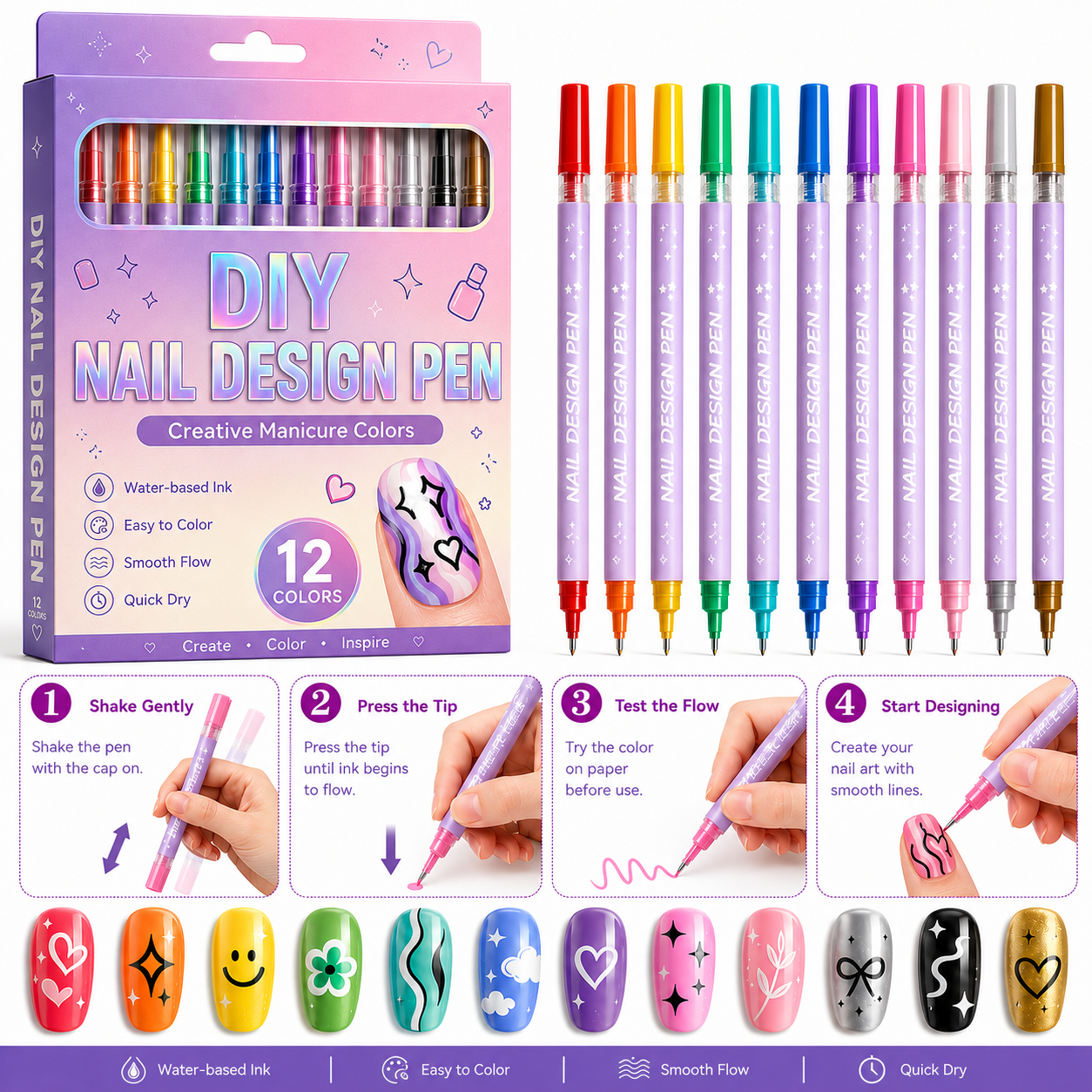 12-Color Nail Art Pen Set - Quick-Dry DIY Nail Design Pens