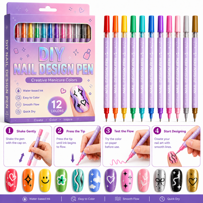 12-Color Nail Art Pen Set - Quick-Dry DIY Nail Design Pens