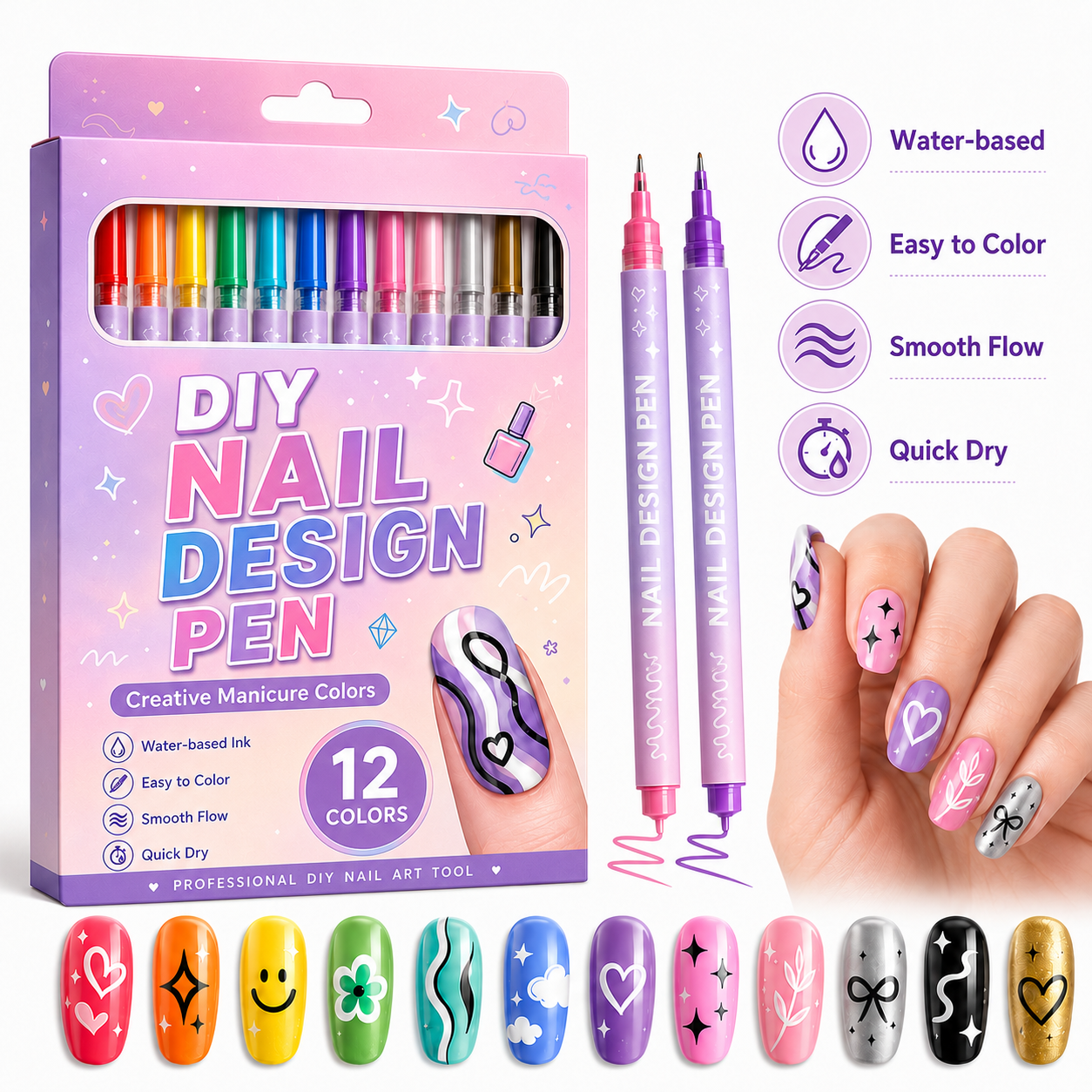 12-Color Nail Art Pen Set - Quick-Dry DIY Nail Design Pens