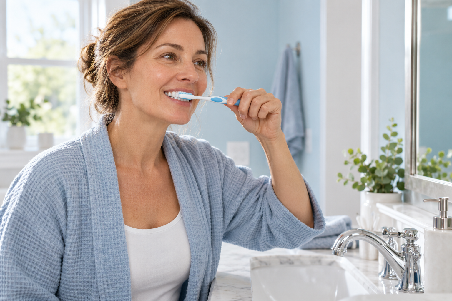Illustrative daily toothbrushing scene, not a treatment result